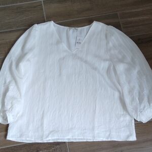 NWT LOFT Outlet Womens White V-Neck Tunic Top Sz L Full Sleeves Career Office